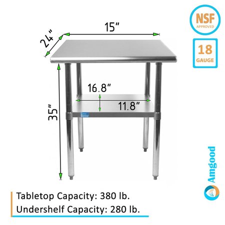 Amgood Stainless Steel Metal Table with Undershelf, 15 Long X 24 Deep AMG WT-2415